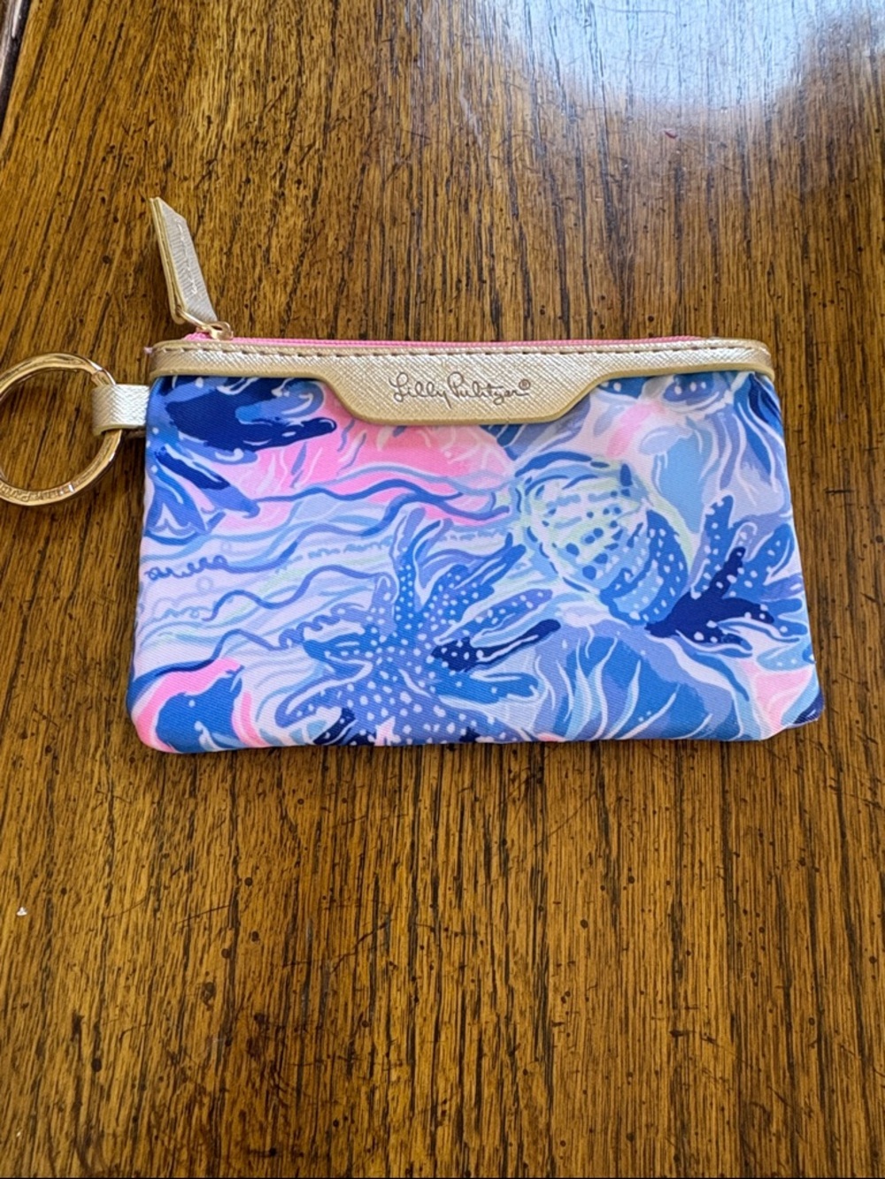 Lilly Pulitzer Pink & Blue Coral Key Pouch with Gold Trim